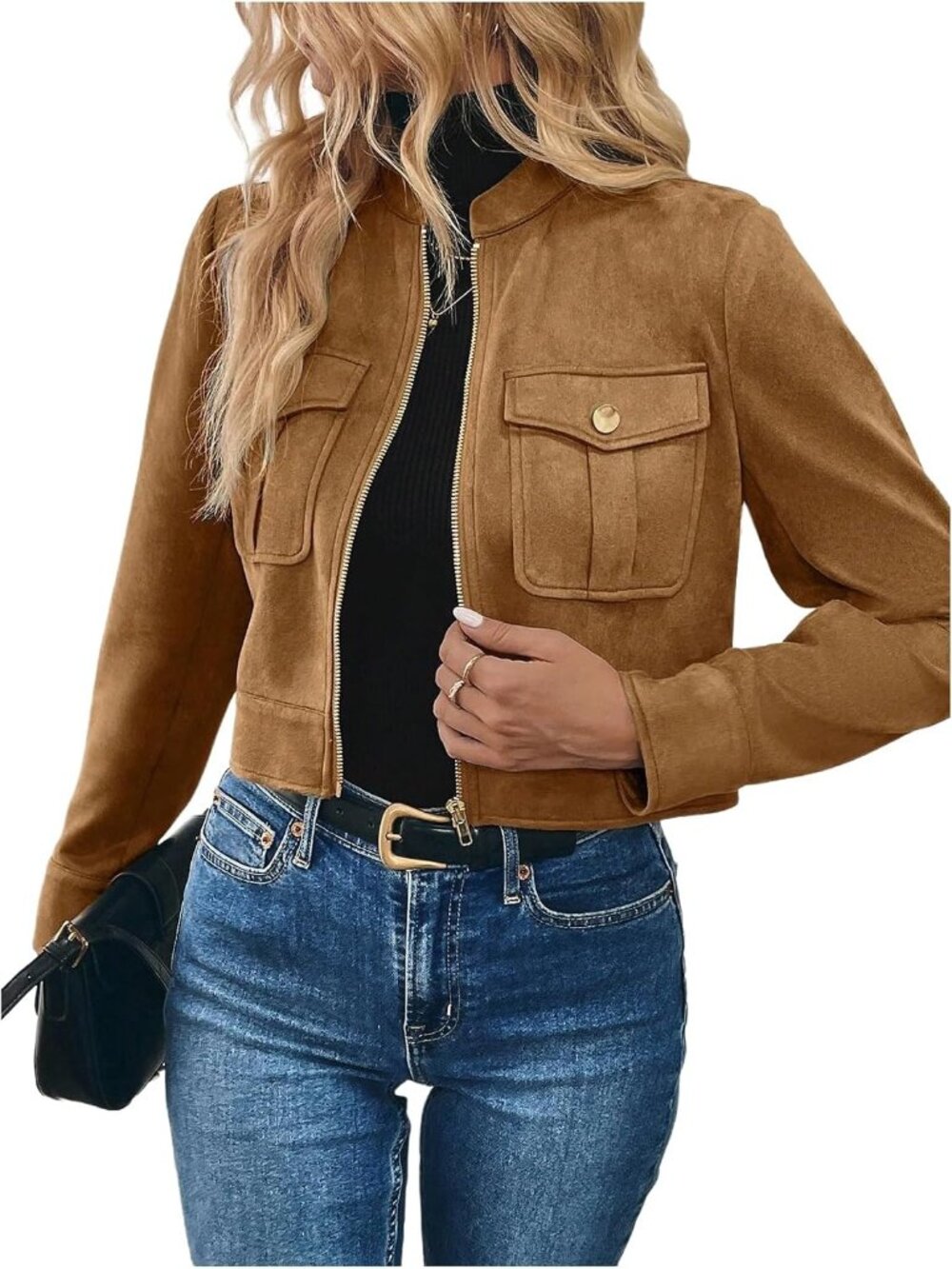 Women’s Khaki Faux Suede Cropped Jacket Zip Up Cargo Pockets Casual Work wear